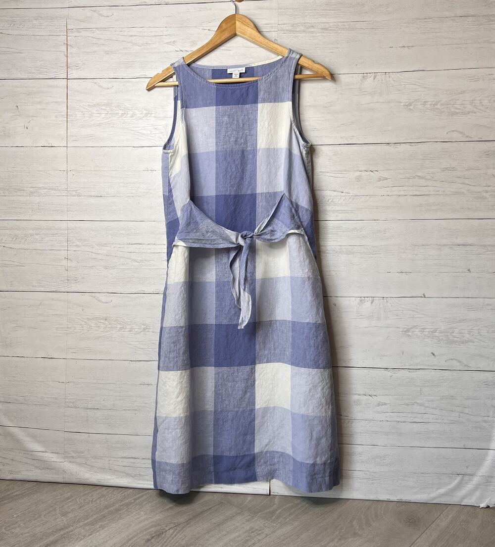 J Jill Dress Womens Size XS Blue & White Love Linen Gingham 100% Linen Tie